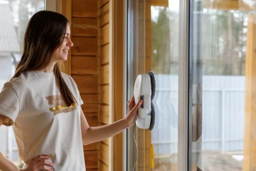Fensterputzroboter am Glas im Wohnalltag
