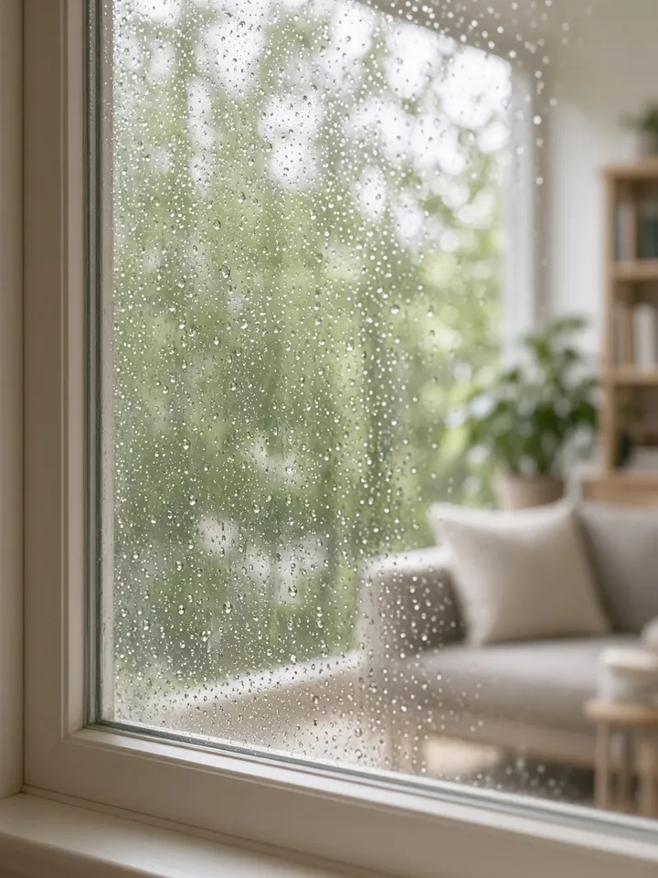 Klare Fensterscheibe mit feinen Wassertropfen